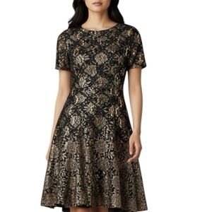 Vintage H W Collection (80's - 90's) Black Gold Sequin Floral Lace Dress Sz 16